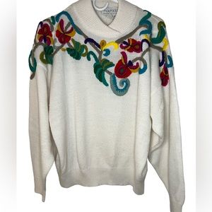 Vintage Embroidered Crewel Cream Ivory Floral High Neck Sweater Maurada Western